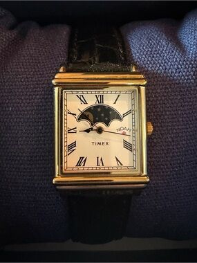 Noah NYC Timex Gold Rectangular Moonphase Dress Watch with Black Strap